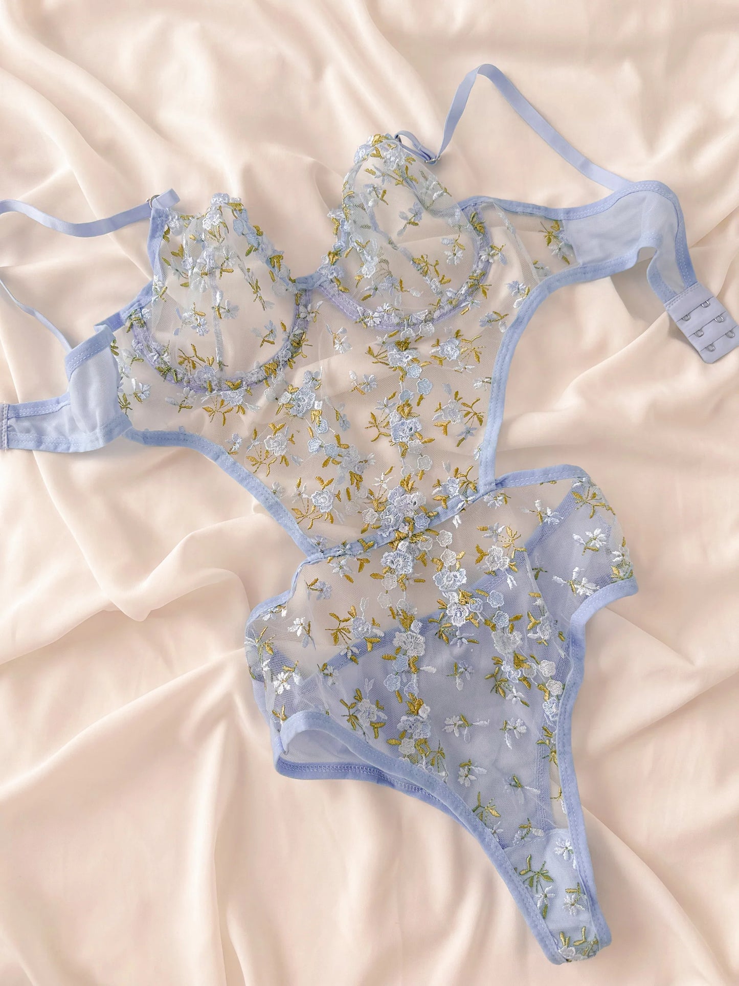 Mavi Yeşil Çiçekli Balenli Balkonet Bodysuit
