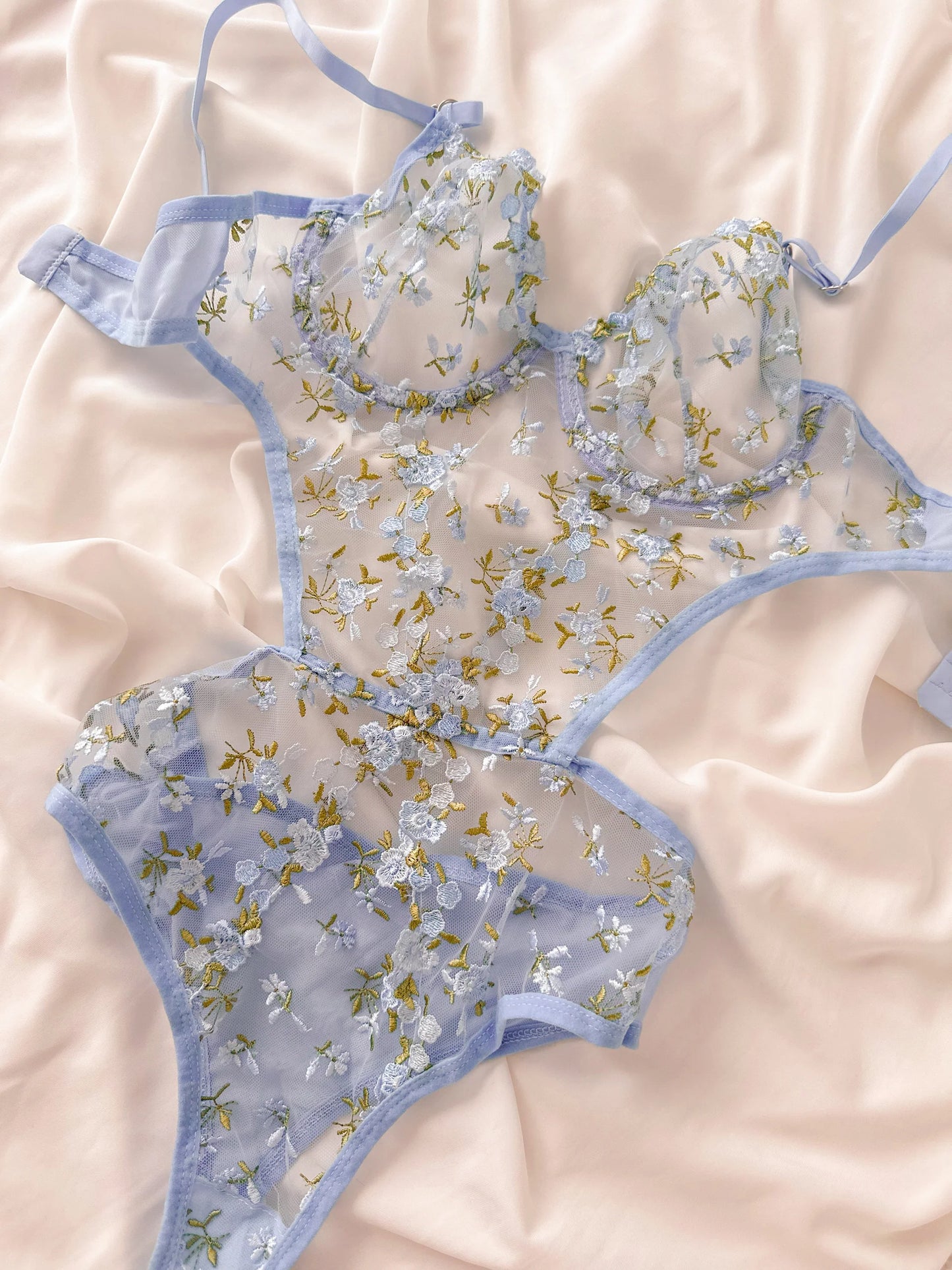 Mavi Yeşil Çiçekli Balenli Balkonet Bodysuit