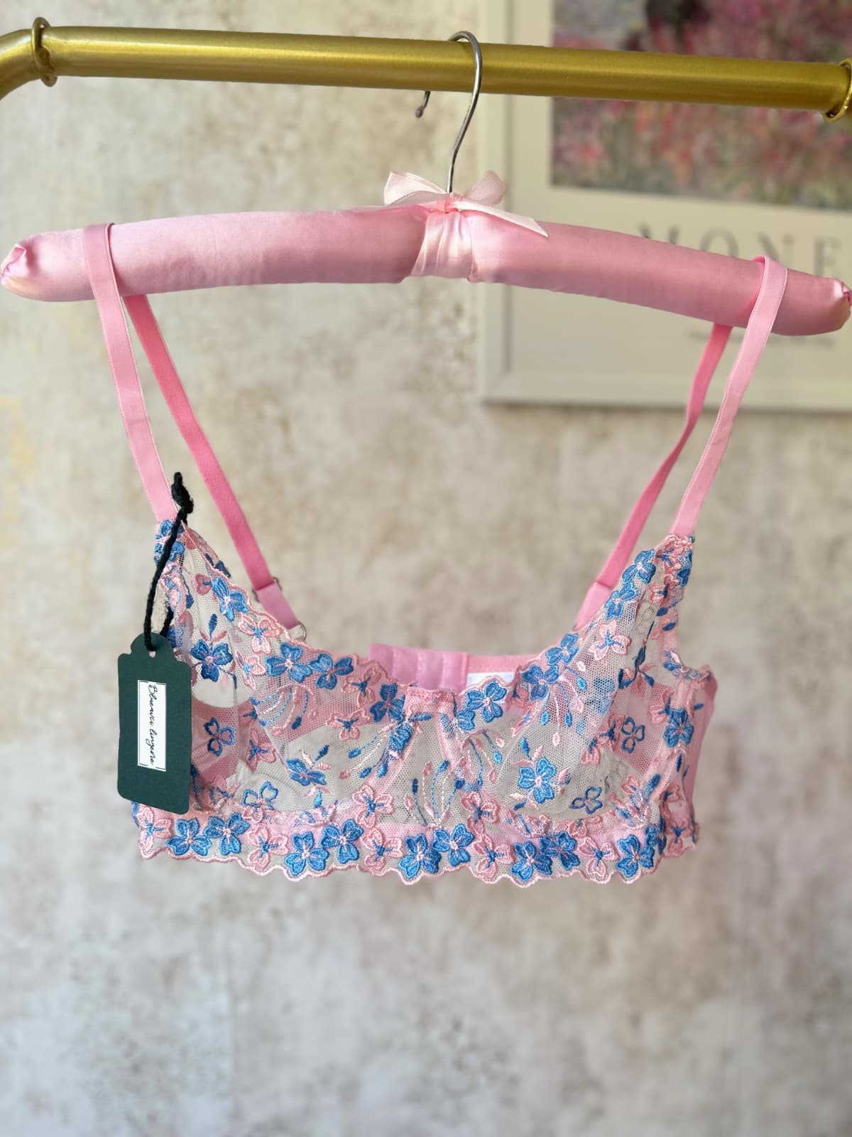 Pembe Mavi Çiçekli Balenli Balkonet Sütyen Takımı P2