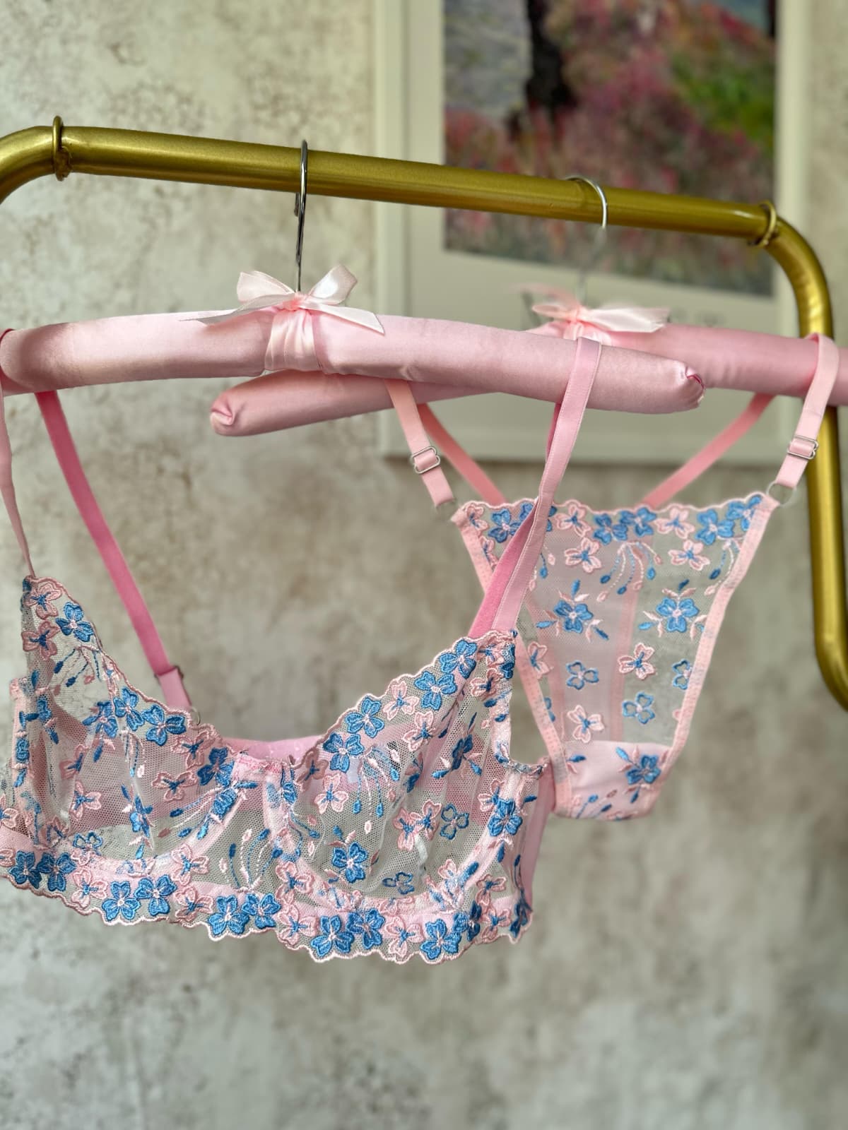 Pembe Mavi Çiçekli Balenli Balkonet Sütyen Takımı P2
