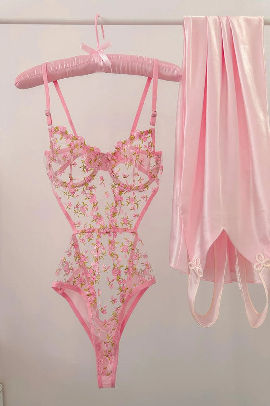 Pembe Çiçekli Balenli Balkonet Bodysuit