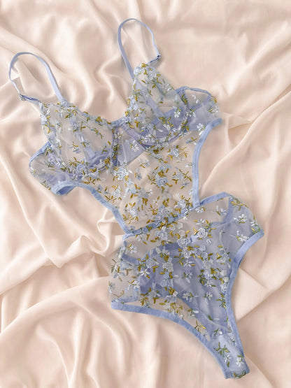Mavi Yeşil Çiçekli Balenli Balkonet Bodysuit