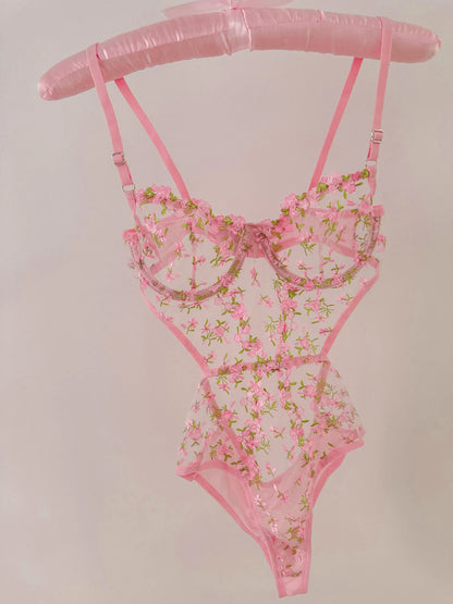 Pembe Çiçekli Balenli Balkonet Bodysuit