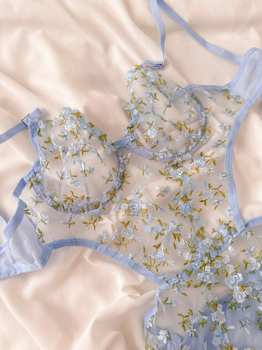 Mavi Yeşil Çiçekli Balenli Balkonet Bodysuit