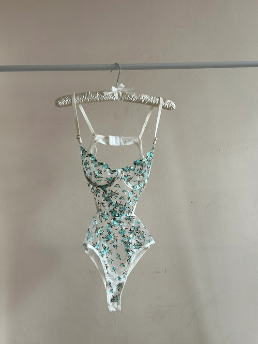 Beyaz Yeşil Çiçekli Balenli Balkonet Bodysuit