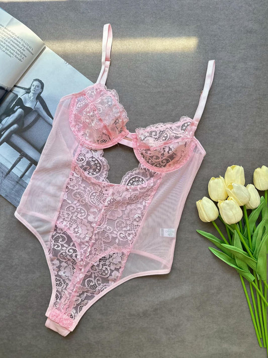 Pembe Dantelli Balenli Balkonet Bodysuit